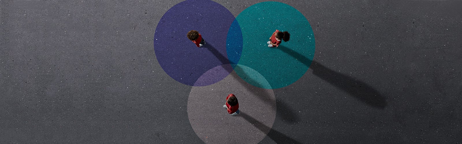 aerial view of 3 people standing in coloured circles on the ground