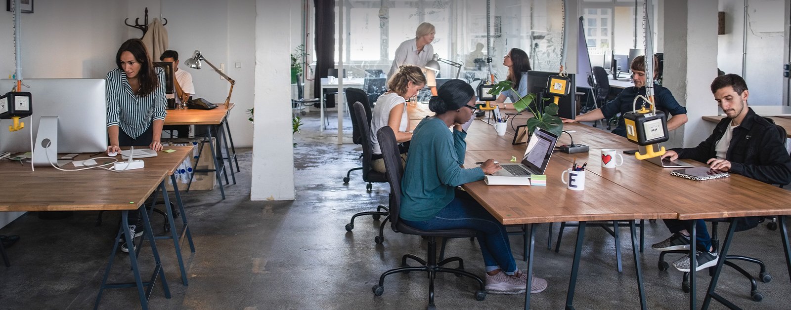 a group of people working at computers