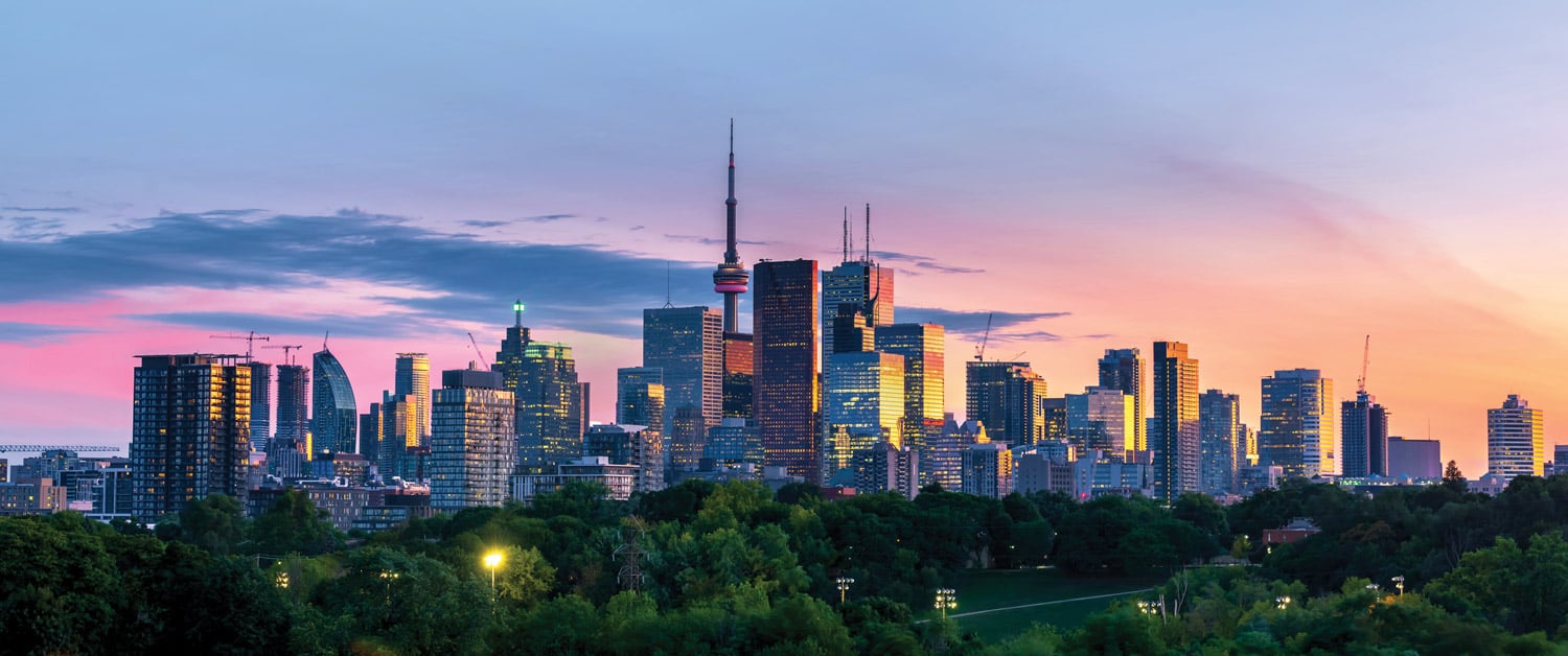 a view of a city at sunset