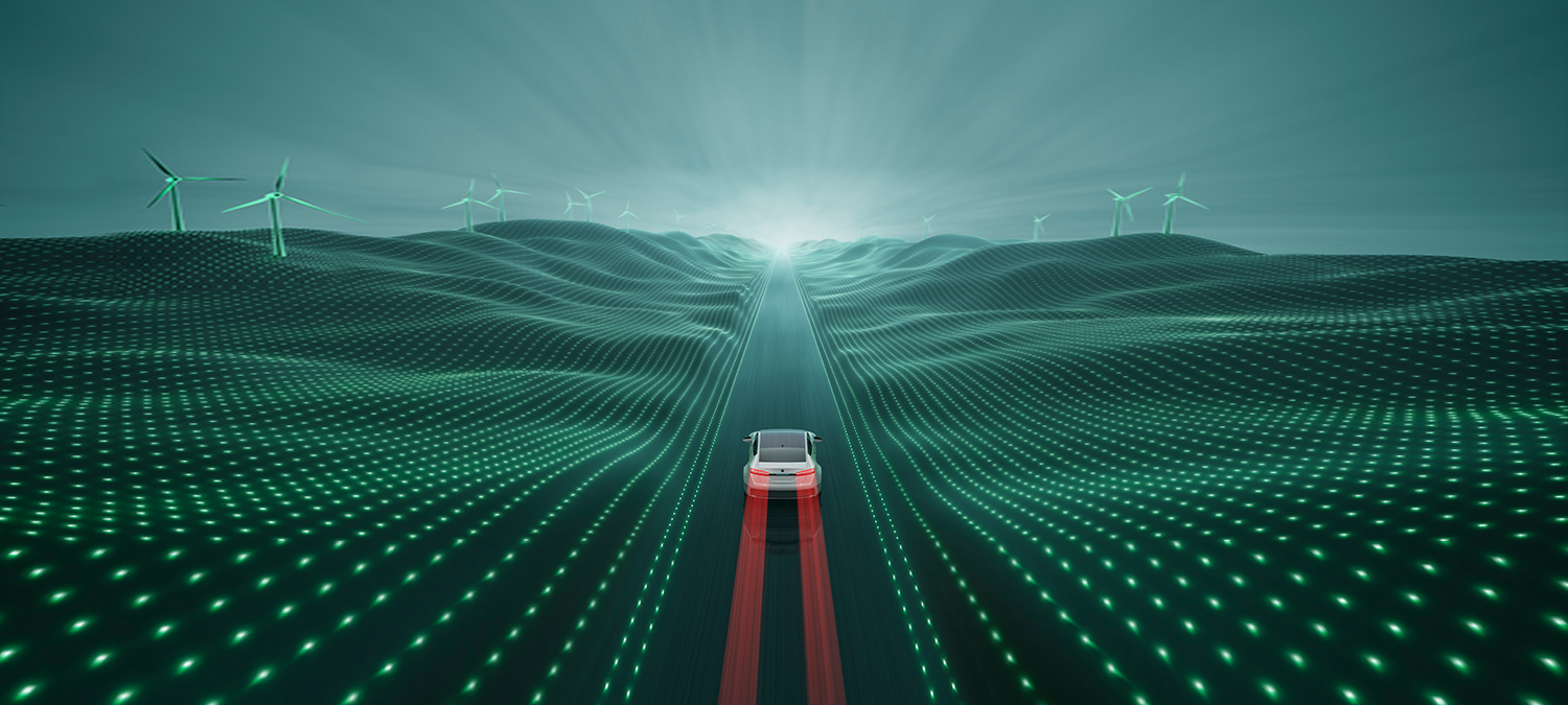 Car driving down digital road 