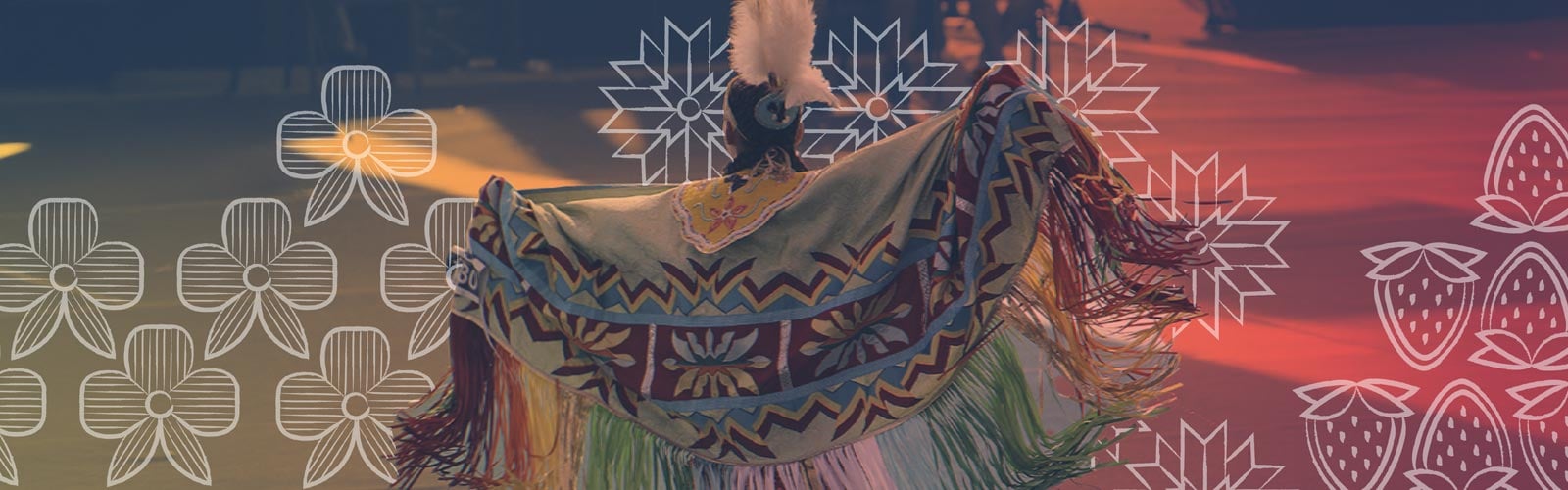 Indigenous shawl dancer at a pow pow with organic floral pattern, geometric quillwork and pattern of strawberries 