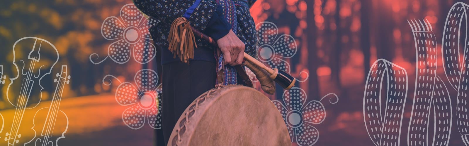 A Métis woman wearing a Métis sash and holding a drum - with motifs of fiddles, five-petal prairie rose and Métis sash 