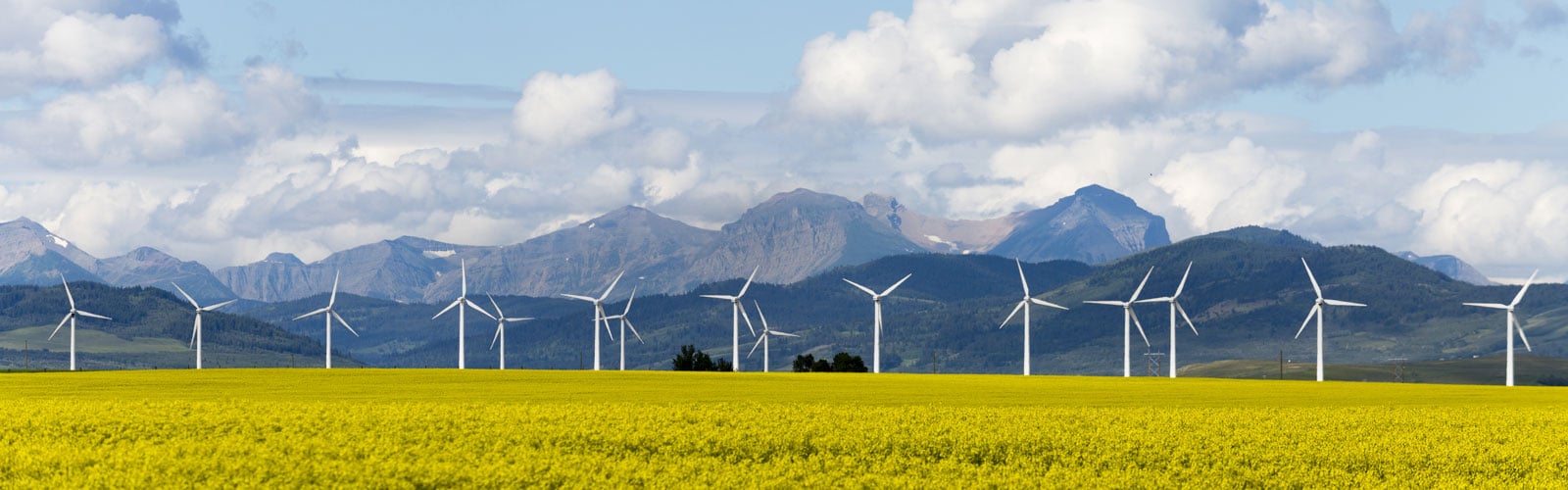 Windmills with mountain backdrop - BLG Alberta Power Market